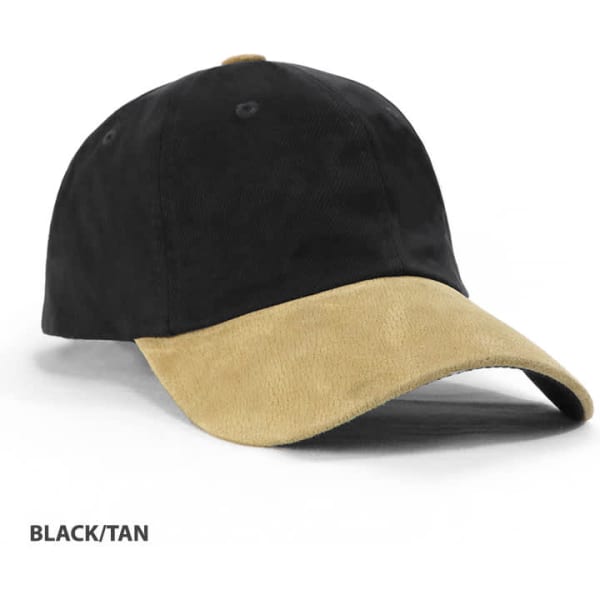 A black and tan unstructured suede cap featuring a curved brim and a logo on the front.