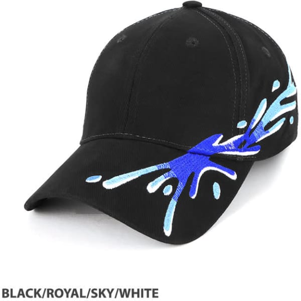 A black cap featuring a blue and white splash design, with a logo on the side.