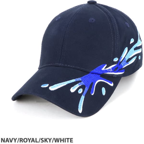 A navy cap with blue and white splash graphics and a logo on the side.