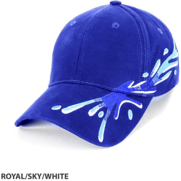 A blue cap featuring a splash design in shades of blue and white, with a logo on the front.