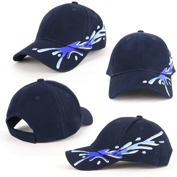A navy cap featuring a splash design with a logo. It has a classic curved brim and an adjustable strap.