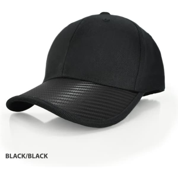 A black cap featuring a textured black peak and a branding logo.
