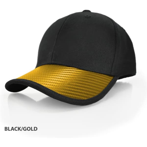 A black cap with a gold textured peak, featuring a logo on the front.