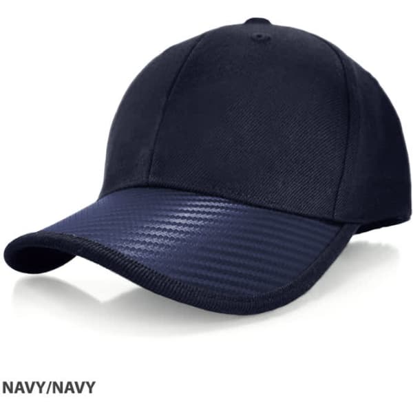 A navy cap with a textured design on the peak and a logo on the front.
