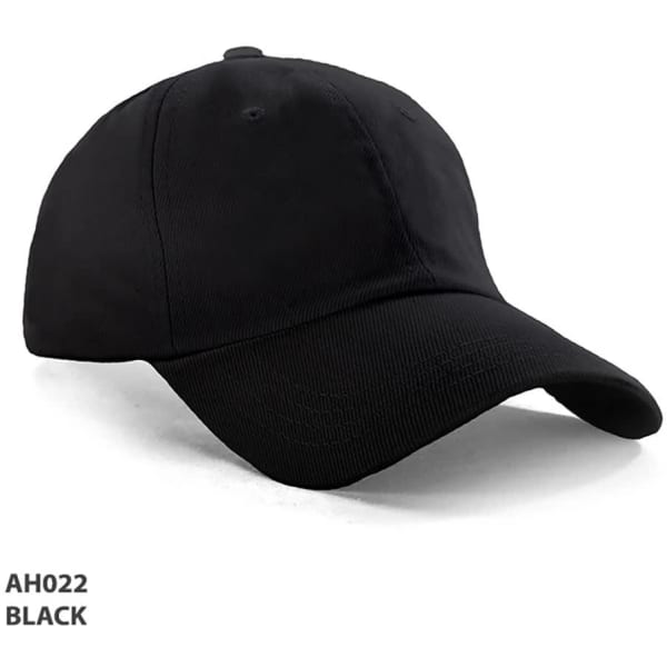 A black unstructured cap with a curved brim, featuring a logo on the front and a plain design.