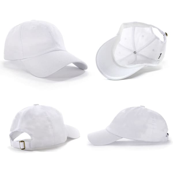 A white unstructured cap featuring a curved brim and an adjustable back strap. It has a logo on the side.
