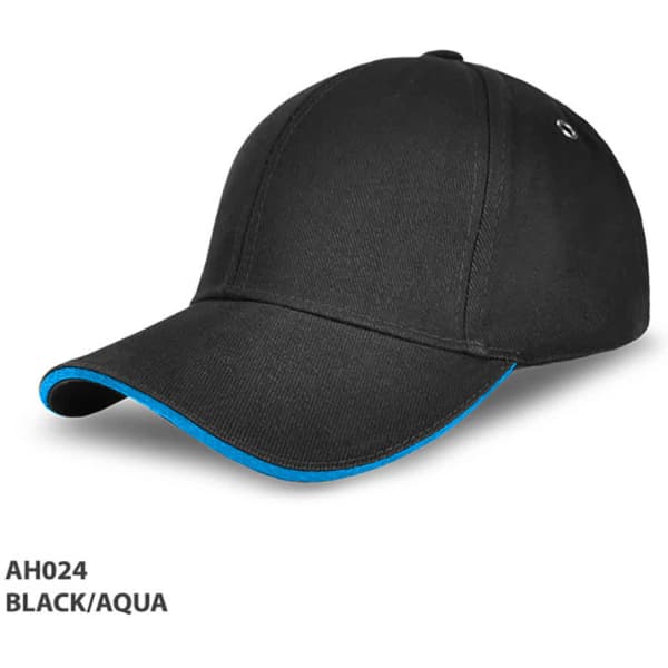 A black cap with an aqua underbrim and a logo on the side. It features a classic curved peak design.