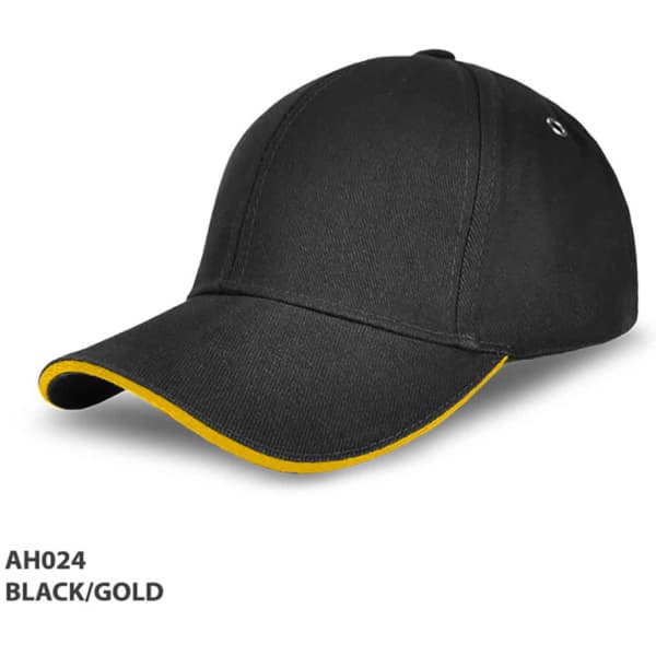 A black cap with a yellow peak and a logo on the side. Ideal for promotional use or headwear collection.
