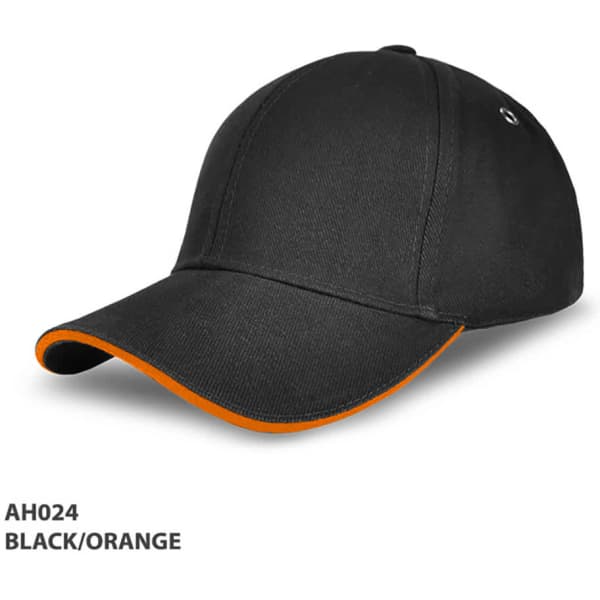 A black cap with an orange brim and a logo, designed as headwear.