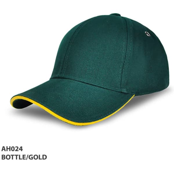 A bottle green cap with a gold trim and a logo on the side, designed for headwear.