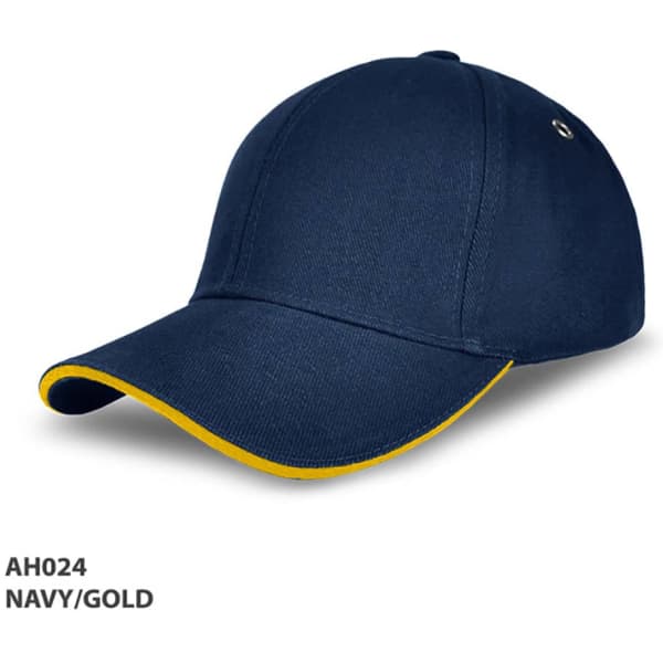 A navy cap with a gold brim, featuring a logo on the side. Suitable for casual wear.