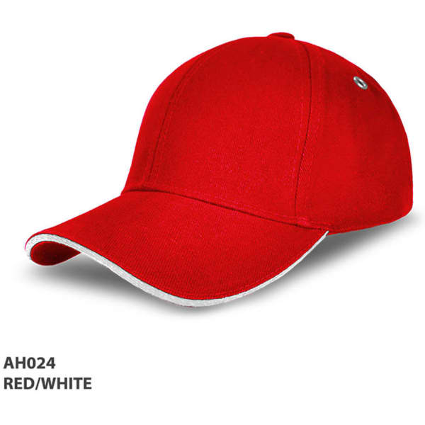 A red and white cap with a curved brim and a small logo on the side.