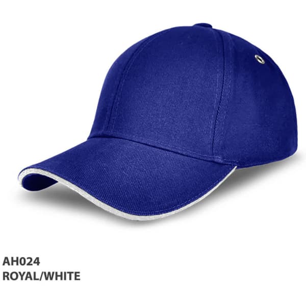 A royal blue cap with a white trim and a logo, featuring a structured peak design.
