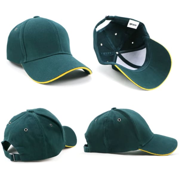 A green cap with a yellow trim, featuring a logo and multiple angles displayed, showcasing its design and structure.