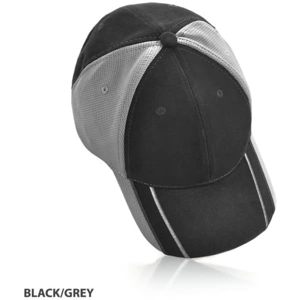 A black and grey cap featuring mesh panels and a logo, angled to show its design and detailing.