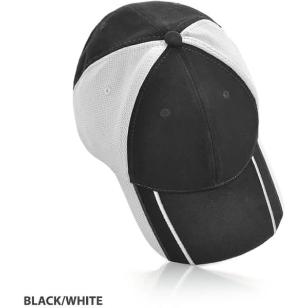 A black and white cap with a mesh back and contrasting stripes, featuring a logo on the front.