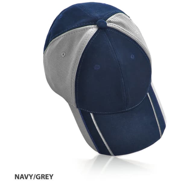 A navy and grey cap with a mesh design and a logo. Features a structured crown and curved brim.