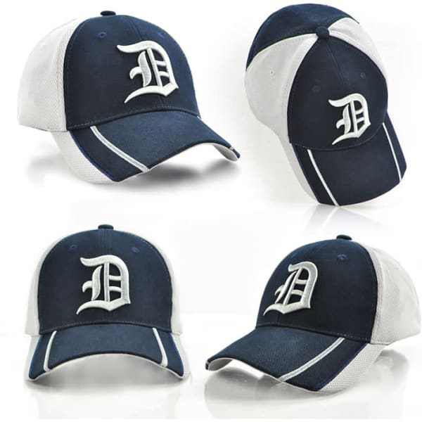 A navy and grey cap featuring a logo, showcasing multiple angles of the headwear design.