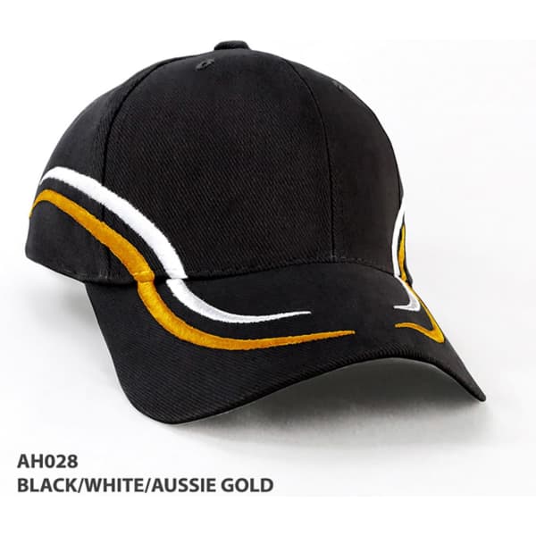 A black cap featuring white and Aussie gold accents, designed with a logo on the front.