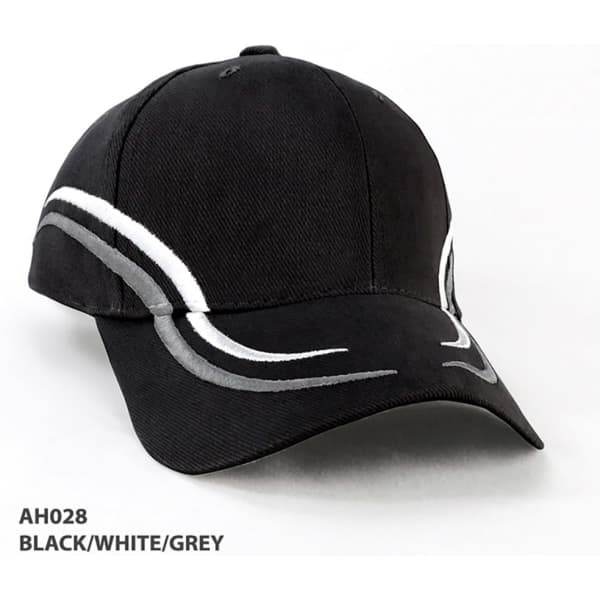 A black cap with white and grey accents, featuring a stylised design and a logo.