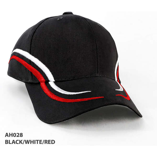 A black cap featuring red and white embroidery, with a logo on the front.