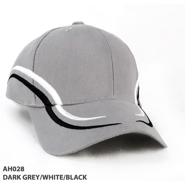 A grey cap featuring white and black accents, with a logo on the front.
