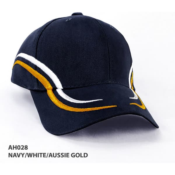 A navy cap with white and Aussie gold detailing and a logo on the front.