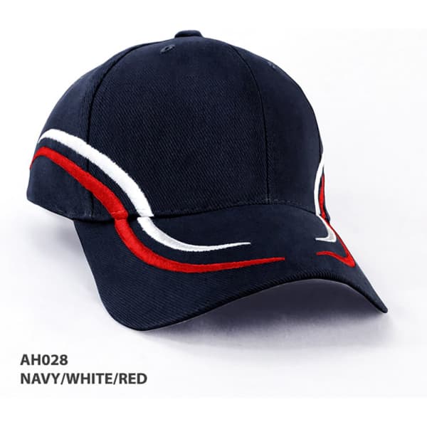 A navy cap with red and white embroidered detailing and a logo on the front.