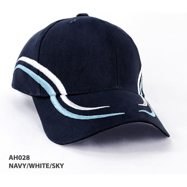 A navy blue cap with white and sky blue accents and a logo.