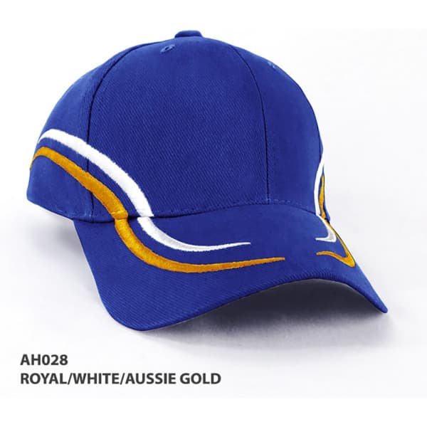 A blue cap featuring white and Aussie gold accents, with a logo on the front.