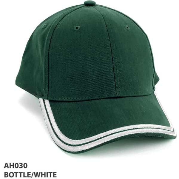 A green cap with white double piping detailing and a logo on the front.