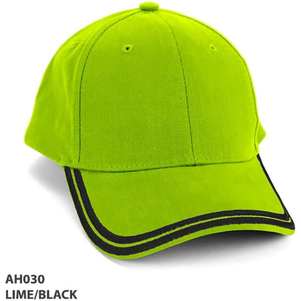 A lime green cap with black accents and double piping, featuring a logo.