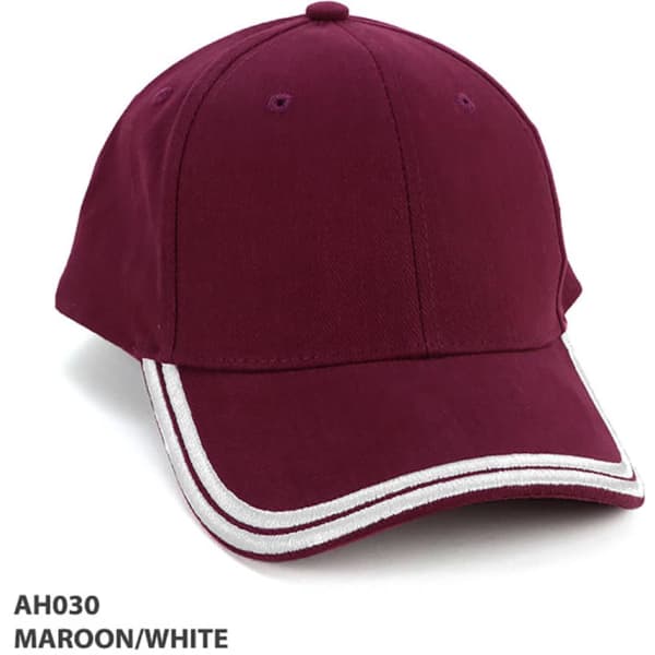 A maroon cap with white double piping and a curved brim, featuring a logo on the front.