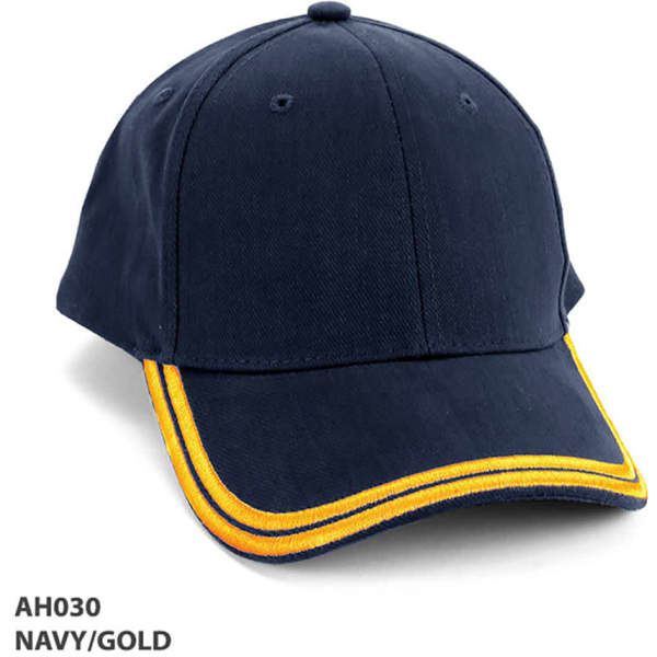 A navy cap featuring gold double piping and a branded logo.