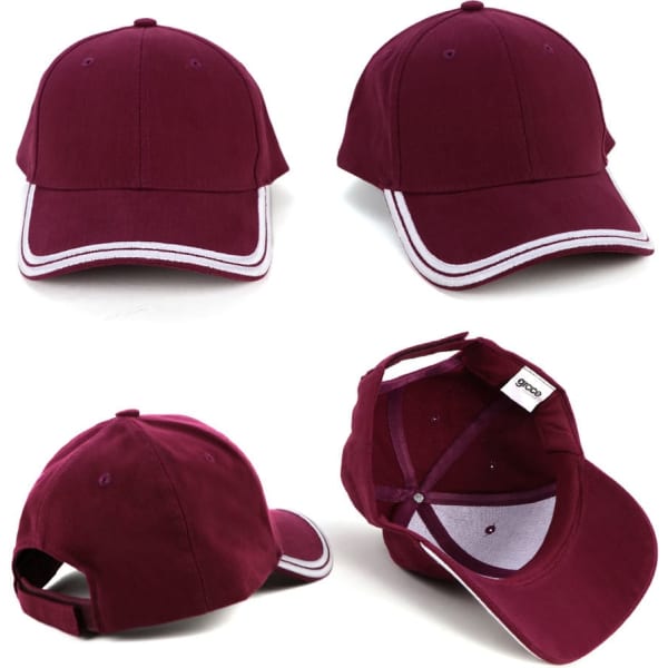 A maroon cap with double white piping, featuring a curved brim and an adjustable strap at the back. It has a logo.