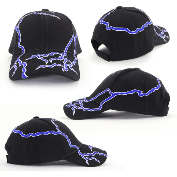 A black cap featuring blue lightning bolt patterns and a logo. Multiple angles of the cap are displayed.