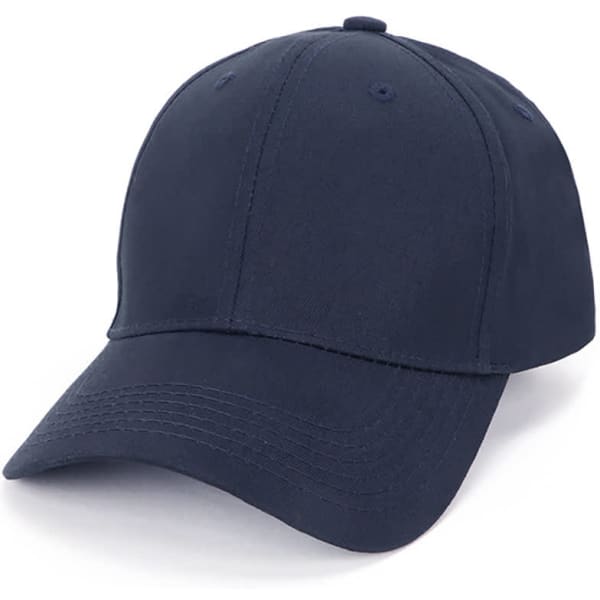 A navy blue cotton cap featuring a curved brim and a logo on the front. Suitable for various outdoor activities.