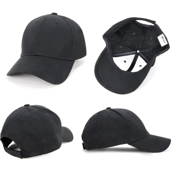 A black 100% cotton cap displayed from multiple angles, featuring a logo on the exterior.