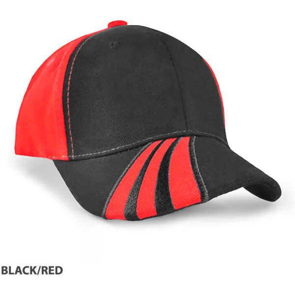 A black and red cap with a curved peak and striped design. It features branding on the side.