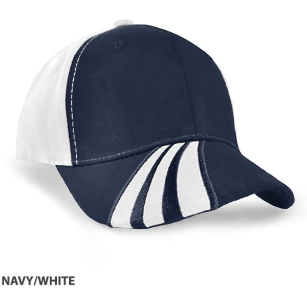 A navy and white cap featuring stripes and a branded logo on the front.
