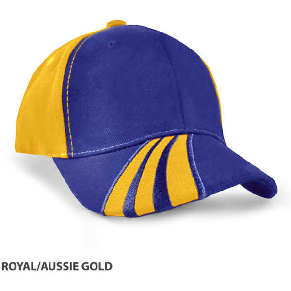 A cap featuring royal blue and Aussie gold colours, with a logo and striped detailing on the front.