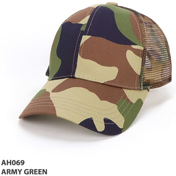 A camo 6-panel cap in army green and tan with a mesh back and a logo on the side.