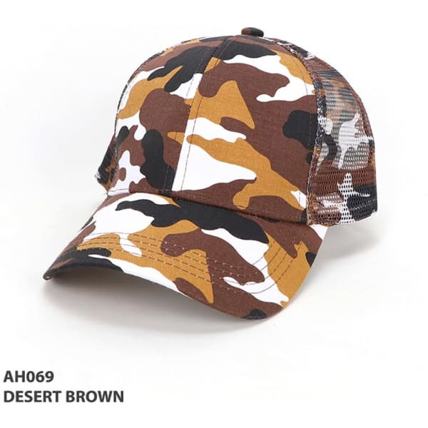 A desert brown camo 6-panel cap with a mesh back and a logo on the front.