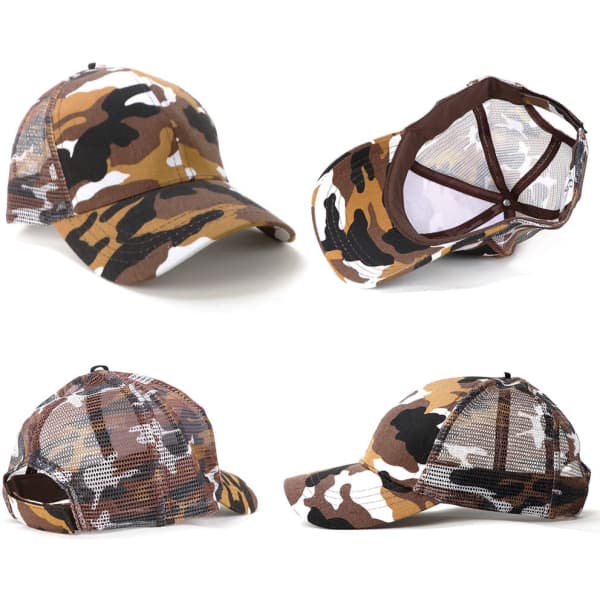 A camo-patterned 6-panel cap in shades of brown and green, featuring a mesh back and a logo.
