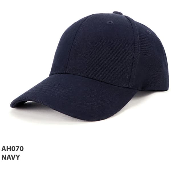 A navy wool blend cap with a rounded top, curved brim, and a logo on the side.