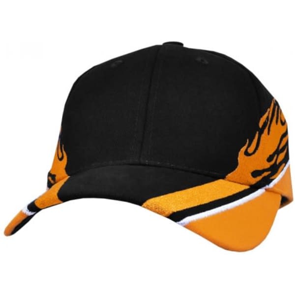 A black and orange cap with flame designs, featuring a branded logo on the front.