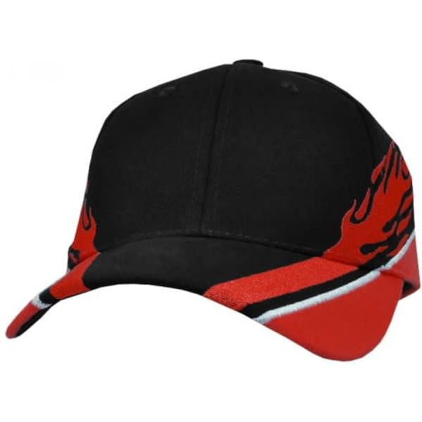 A black cap featuring red flame designs along the sides and a contrasting red brim. It has a logo on the front.