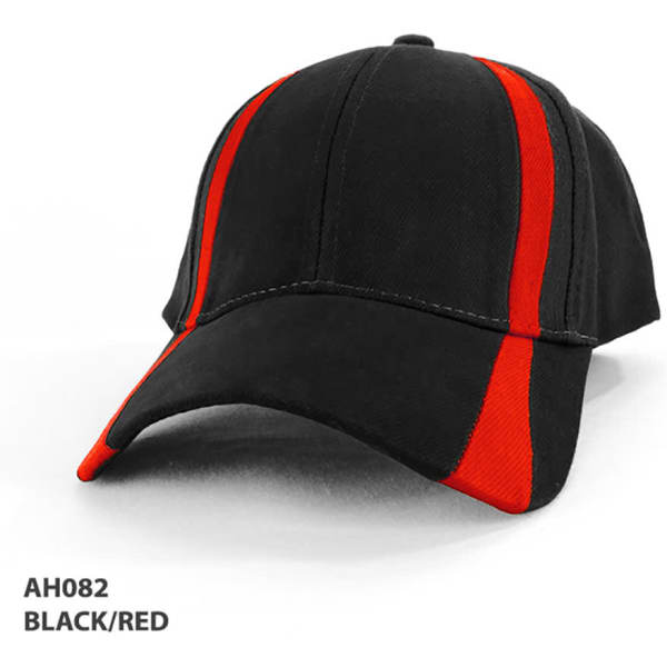 A black cap with red stripes, featuring a curved brim and a logo on the front.