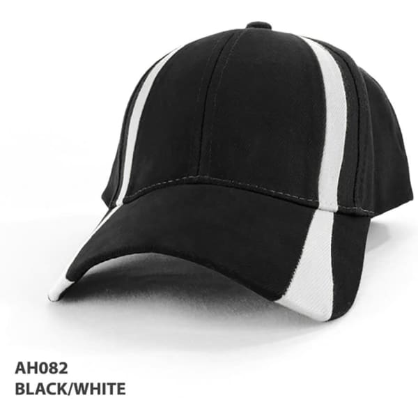 A black and white cap features contrasting stripes and a curved brim, with a small logo on the front.