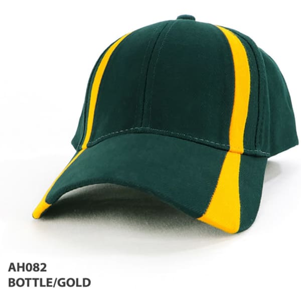 A bottle green cap with gold stripes, featuring a logo on the front.
